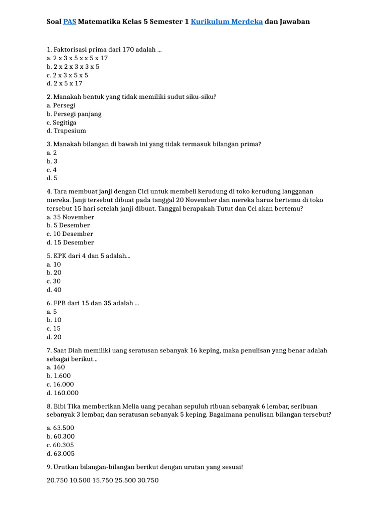 Soal Matematika Kelas 5 Kurikulum Merdeka | PDF
