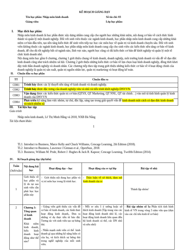 Nhập Môn Lesson Plan 2024 2025 | PDF