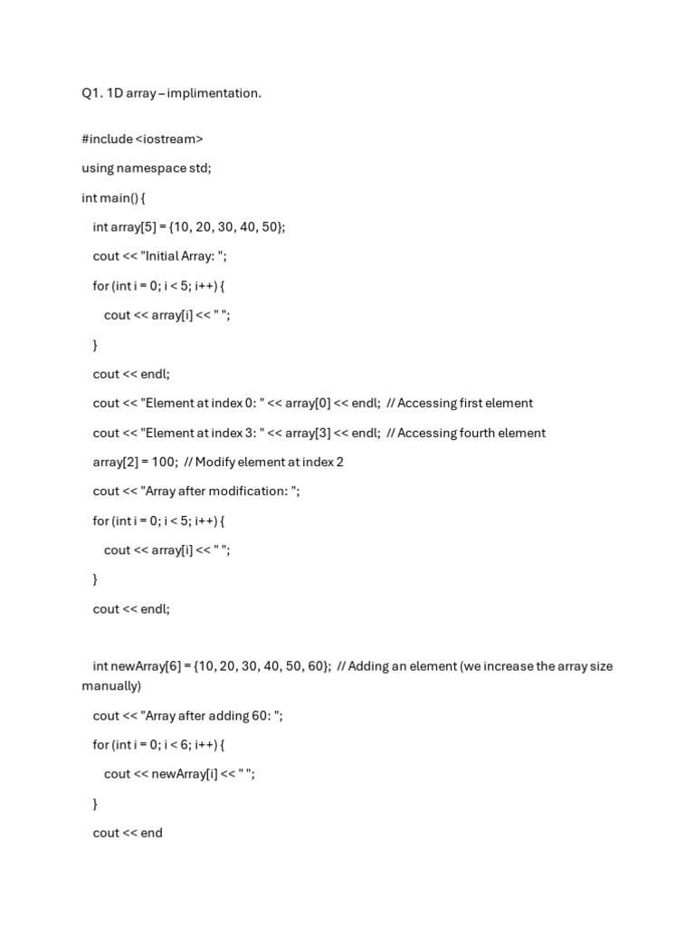 1D Array and Matrix Operations in C++ | PDF | Queue (Abstract Data Type ...