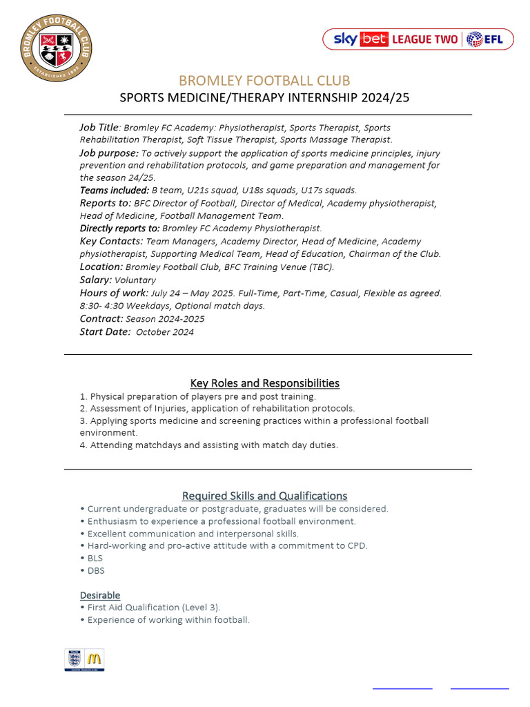 Bromley FC Sports Medicine Internship 2024 | PDF | Physical Therapy ...