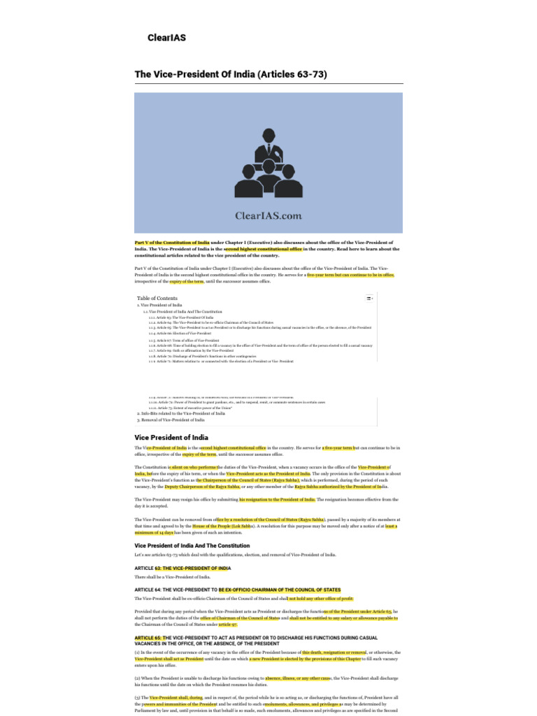 Articles 63-73: Vice President of India | PDF | Vice President Of The ...