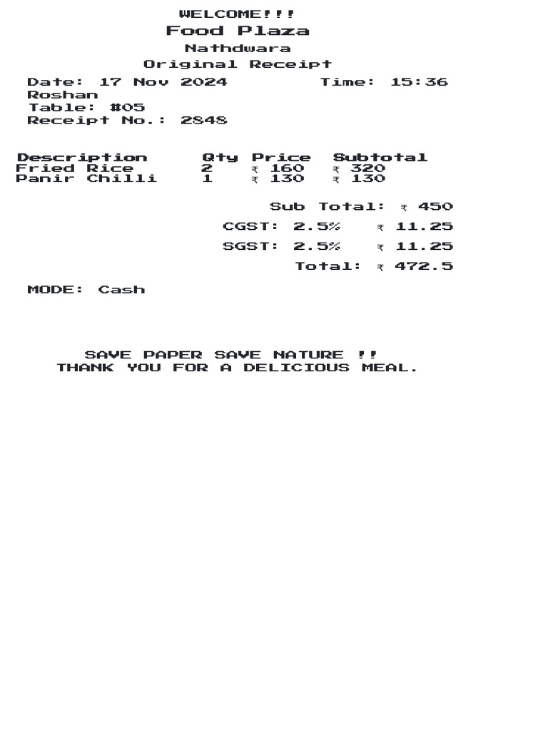 Food Plaza Restaurant Bill | PDF
