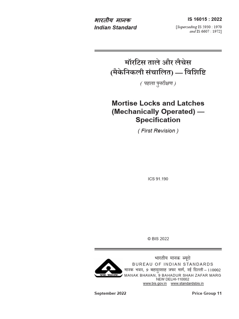 Mortise Locks Specification IS 16015:2022 | PDF | Screw | Steel