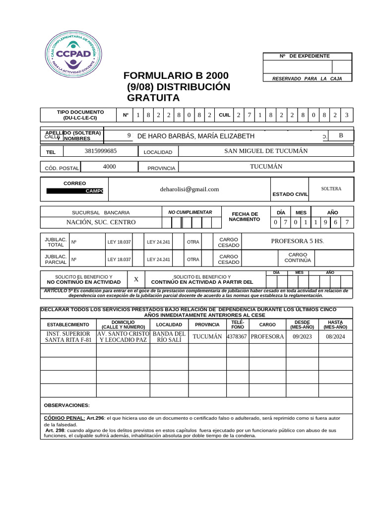 Formulario B 2000: Jubilación Docente | PDF