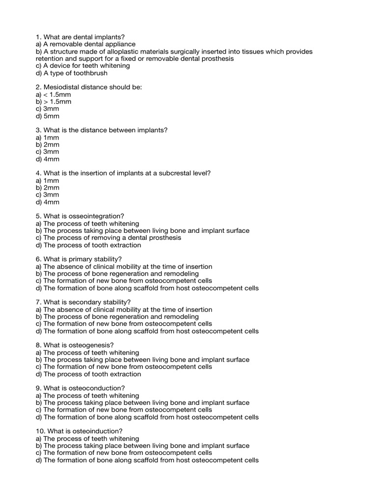 Implants Questions Pdf Dental Implant Dentistry Branches