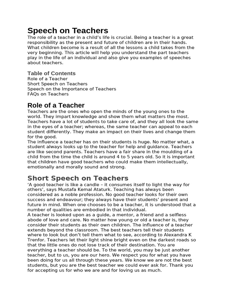 Speech on Teachers | PDF | Teachers