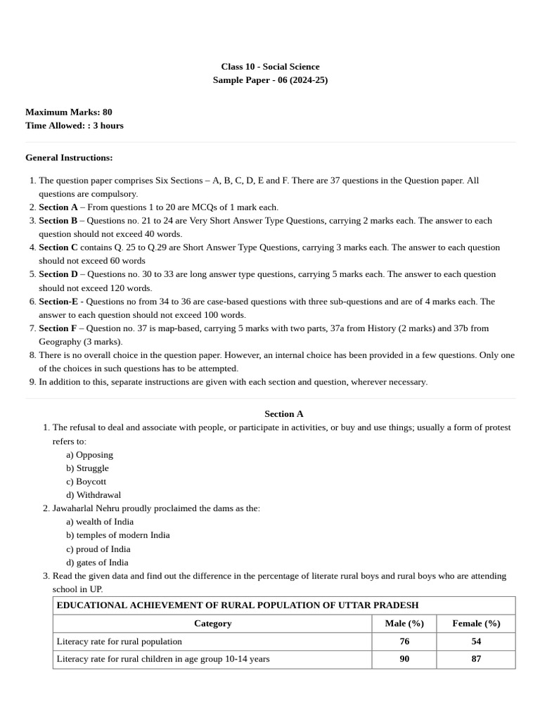 Class 10 Social Science Sample Paper 2024 | PDF | Mahatma Gandhi