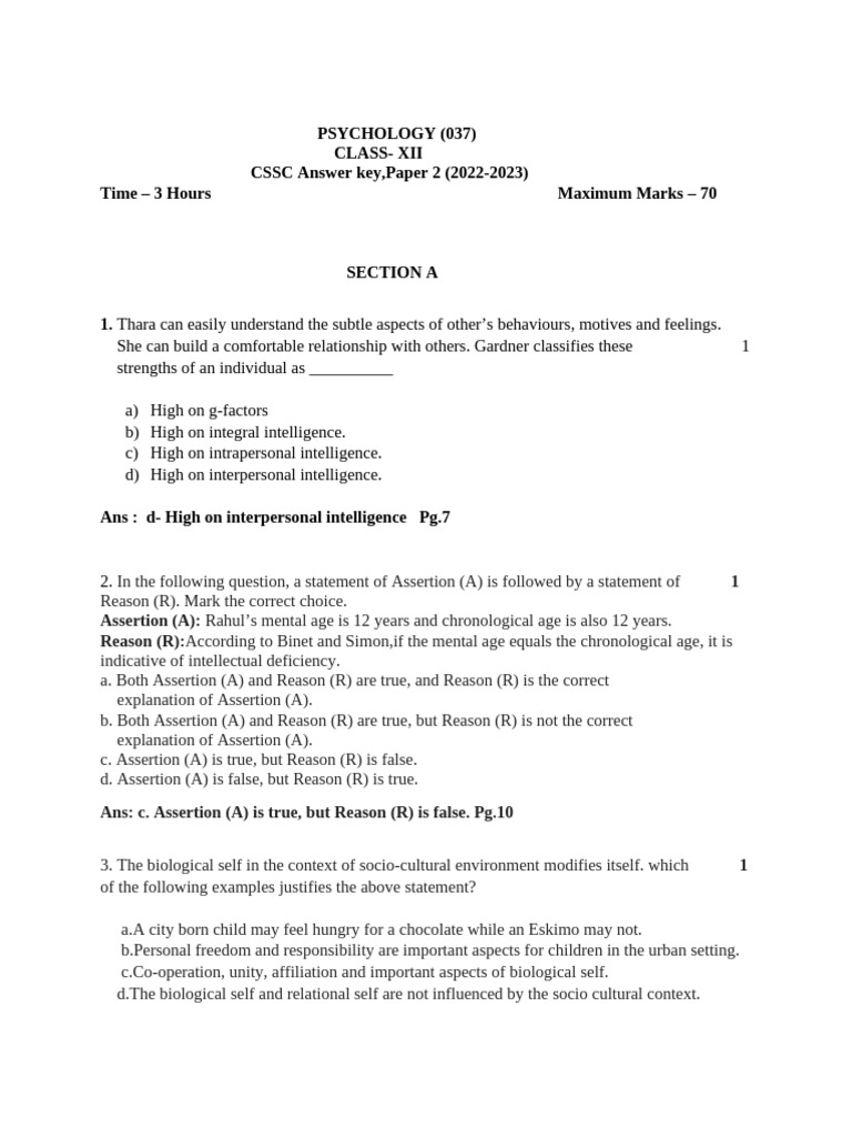 cssc Answer key Paper 2 (1) | PDF | Psychotherapy | Id