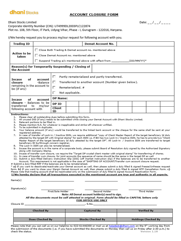Dhani Account Closure Request Form | PDF