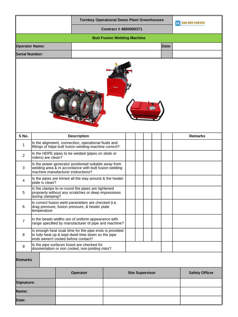 Fusion Welding Machine Operational Checklist | PDF