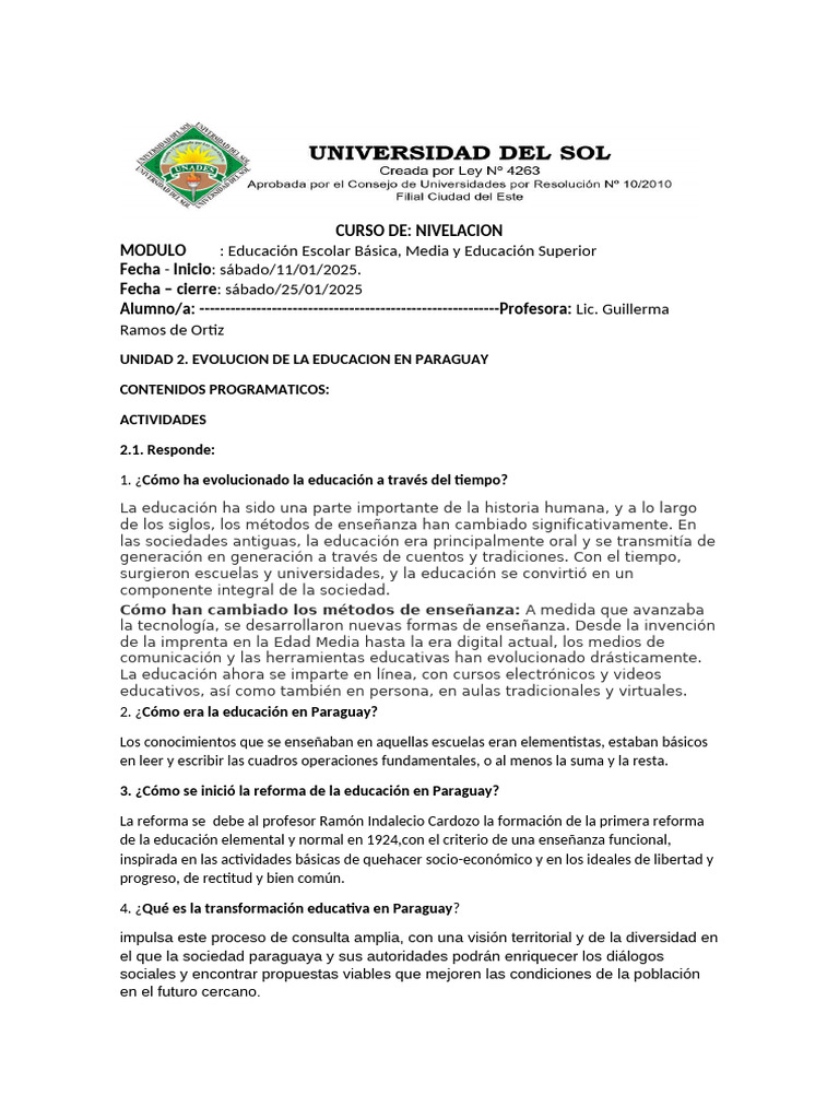 Unidad 2. Evolucion de La Educacion en Paraguay | PDF | Enseñando ...