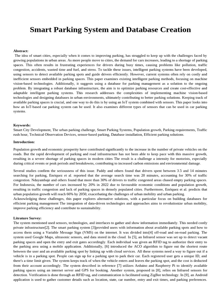 Smart Parkingsystem And Database Creation Review Paper Pdf Parking