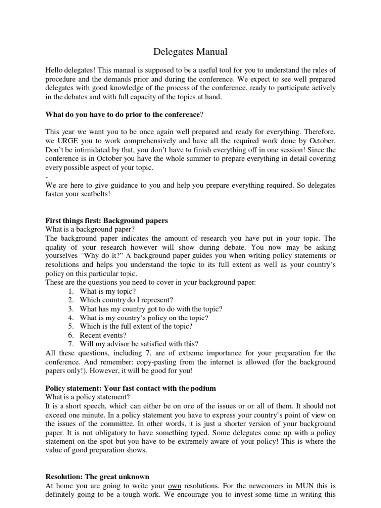 MUN Delegate Preparation Manual | PDF | Government