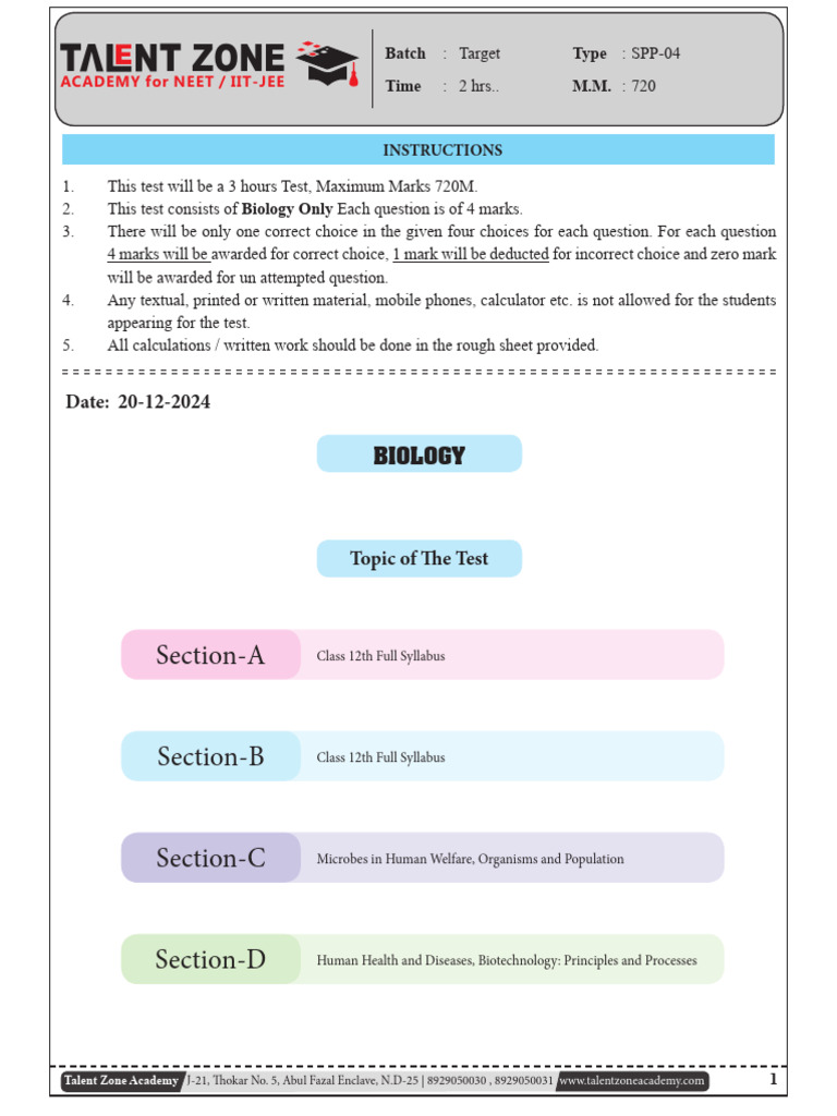 NEET Biology Test Instructions 2024 | PDF