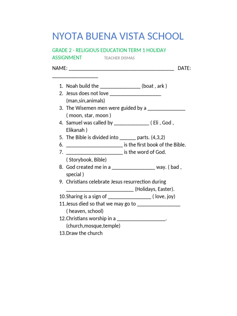 Grade 2 Cre Assignment | PDF | Jesus | Bible