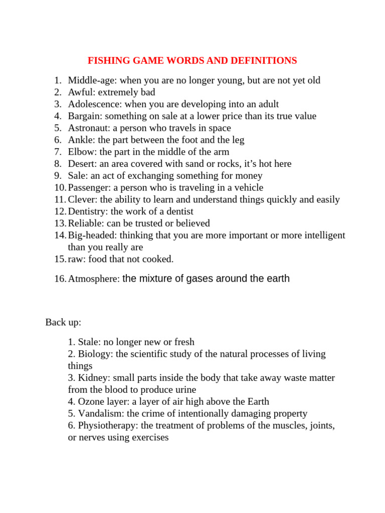 Fishing Game Words and Definitions G8-9-10-11 | PDF
