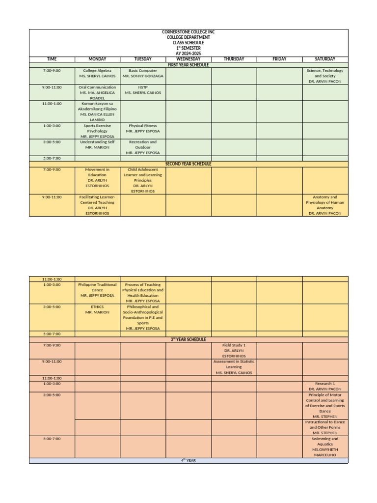 1st Sem Class Schedule and Loading 24 25 | PDF | Physical Education ...