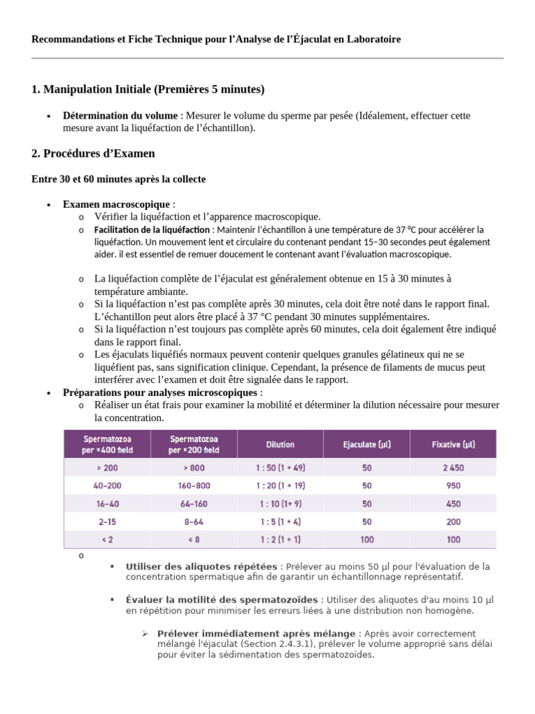 Fiche Technique pour l'Analyse du Spermogramme | PDF | Sperme