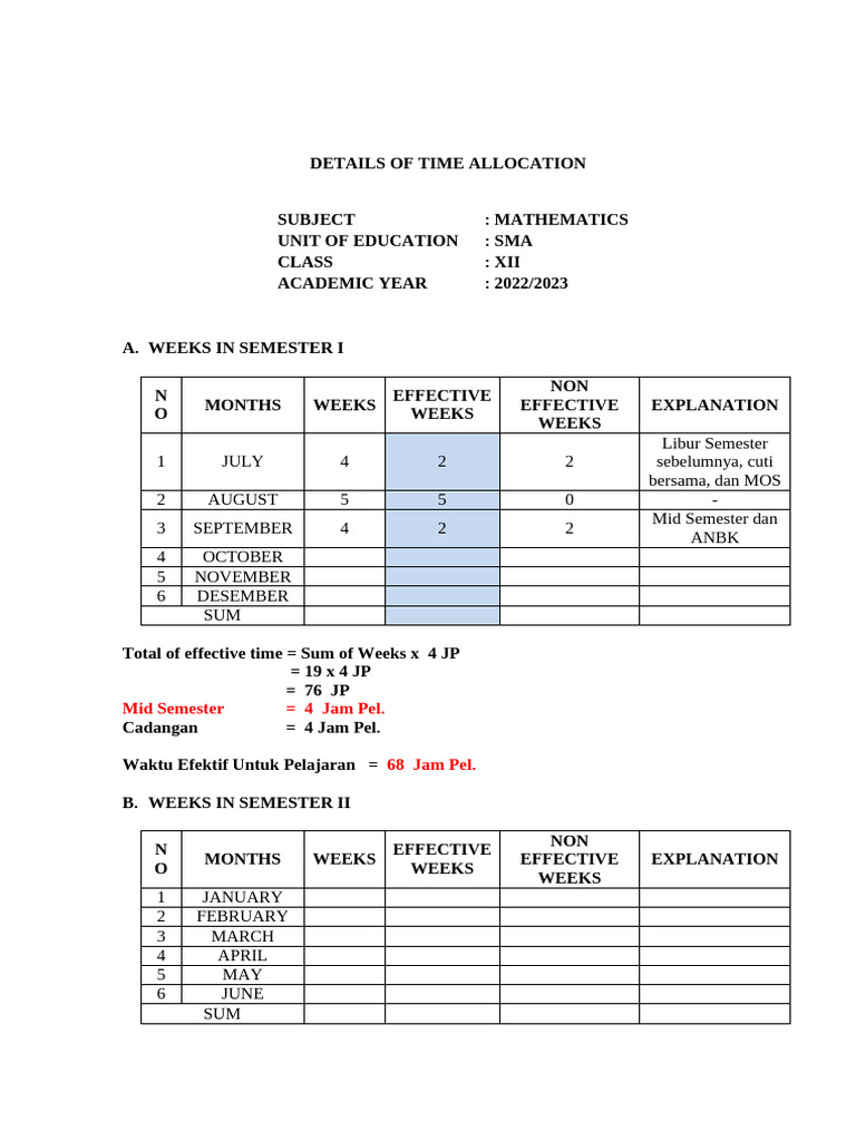 Mathematics Time Allocation for SMA XII | PDF