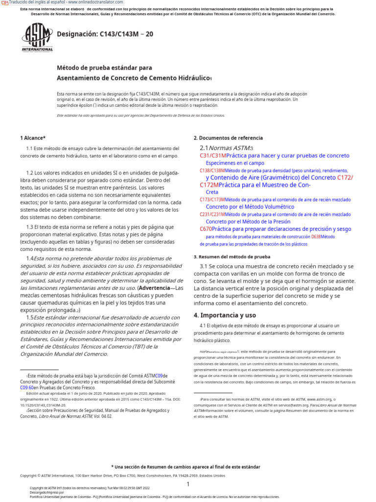 Asentamiento ASTM C 143 (NTC 396) | PDF | Hormigón
