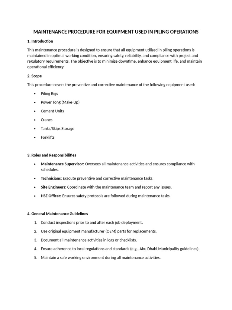Piling Equipment Maintenance Procedures | PDF