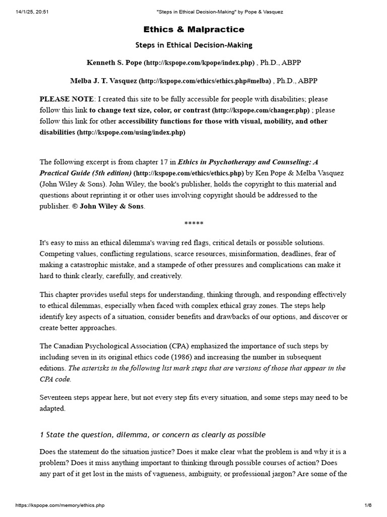 Steps in Ethical DecisionMaking by Pope & Vasquez PDF