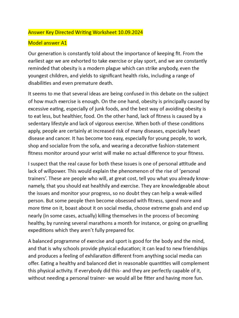 Answer Key Directed Writing Worksheet 10.09.2024 | PDF | Veganism | Obesity