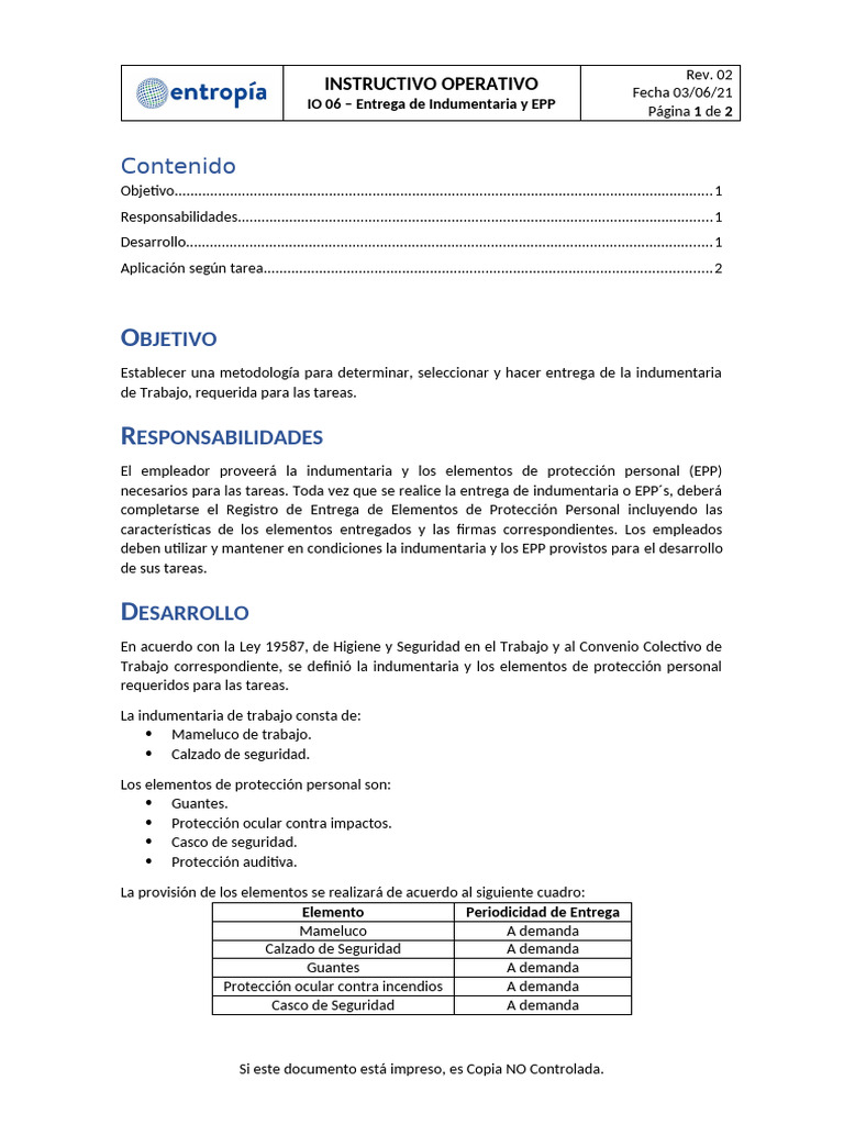 Entrega de Indumentaria y EPP IO 06 | PDF