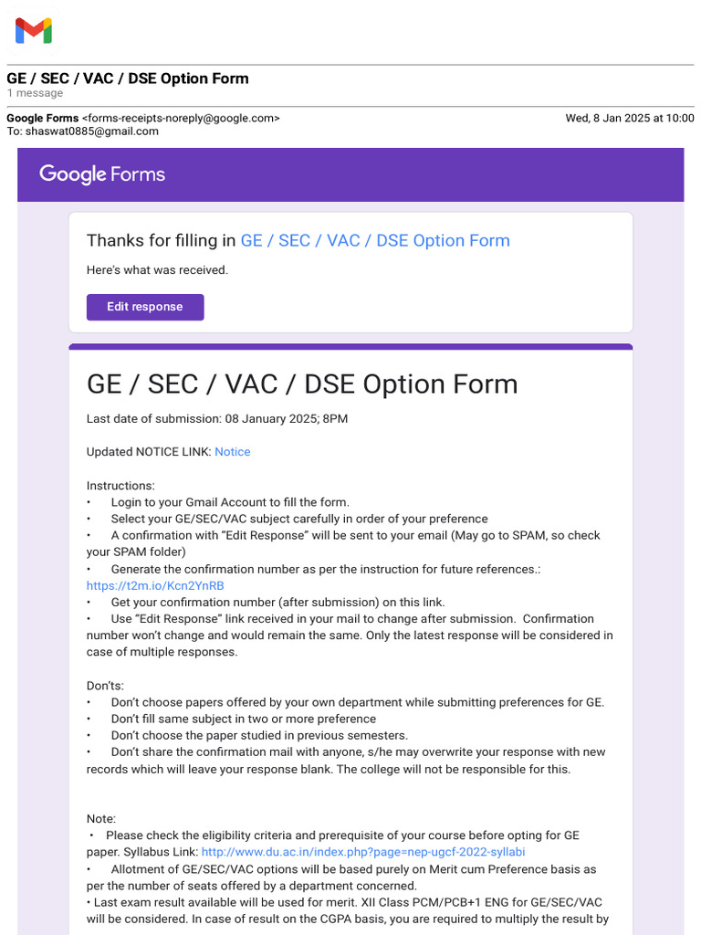 GE/SEC/VAC/DSE Option Form Submission | PDF | Gmail