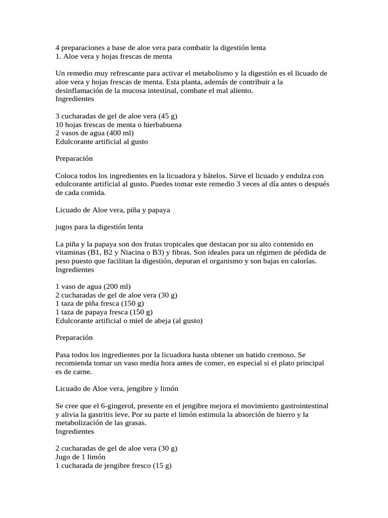 Aloe Vera: 4 Remedios para Digestión | PDF | Digestión