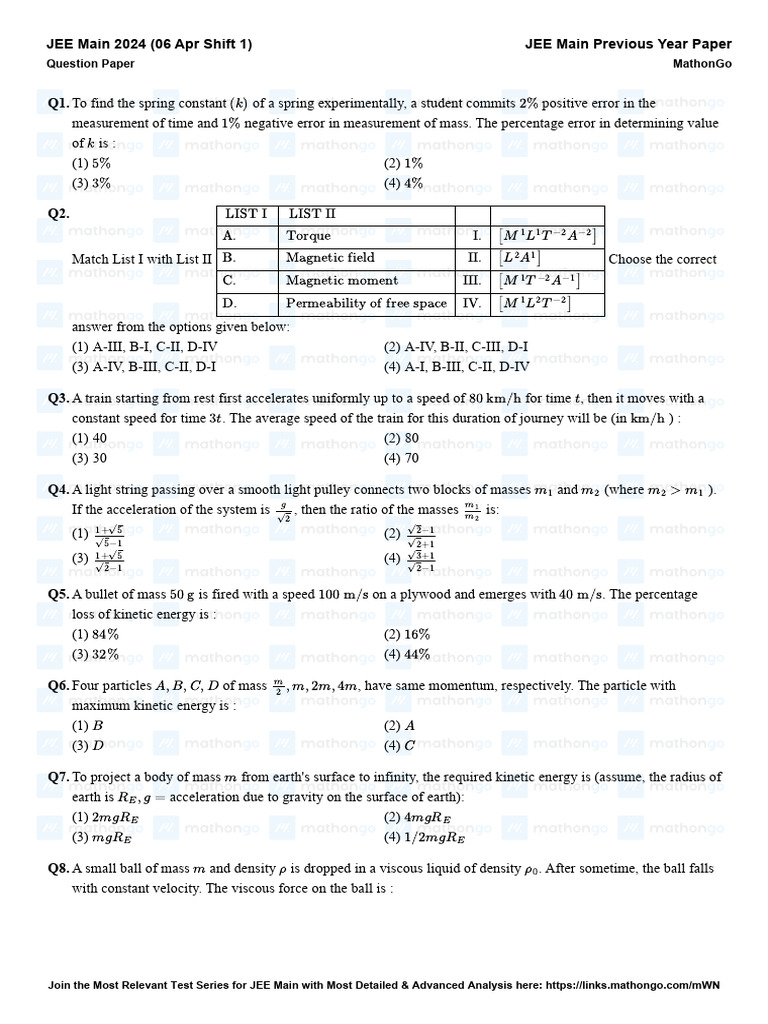 JEE Main 2024 Shift 1 Question Paper | PDF | Area | Distillation