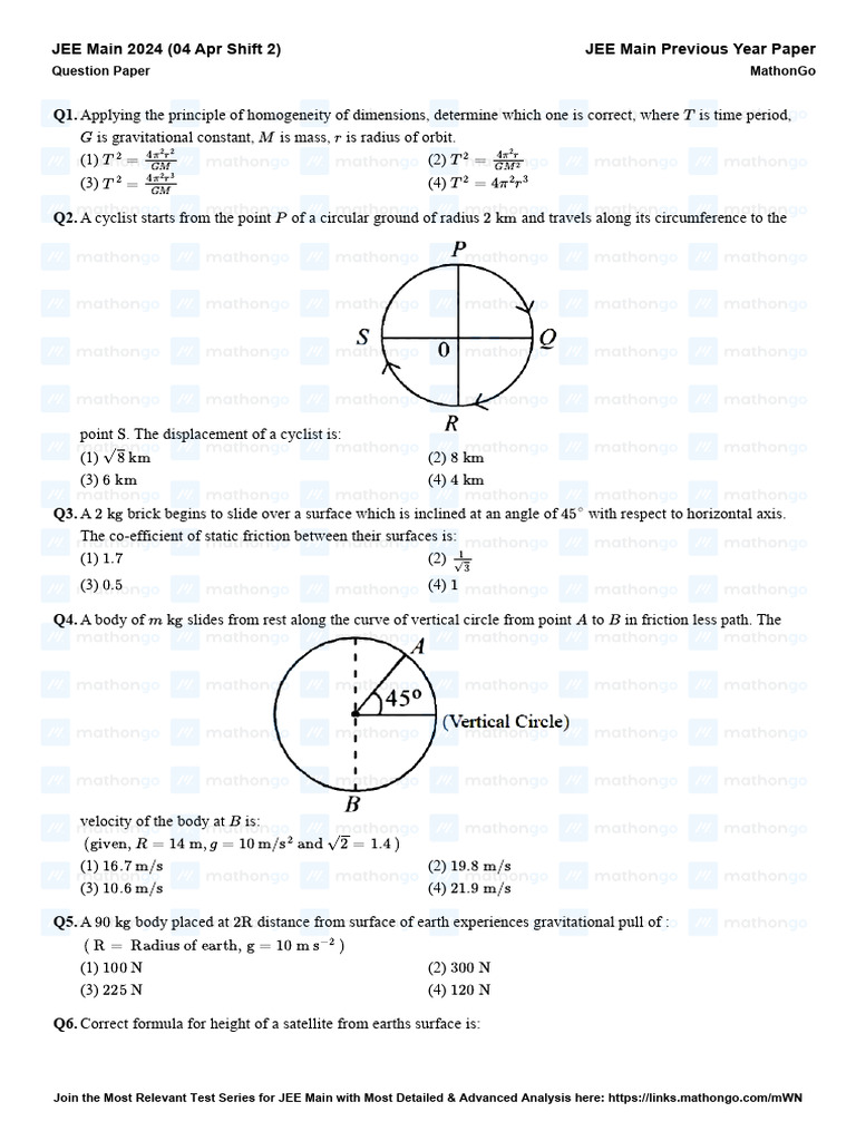 JEE Main 2024 April 4 Shift 2 Paper | PDF | Circle | Physical Sciences