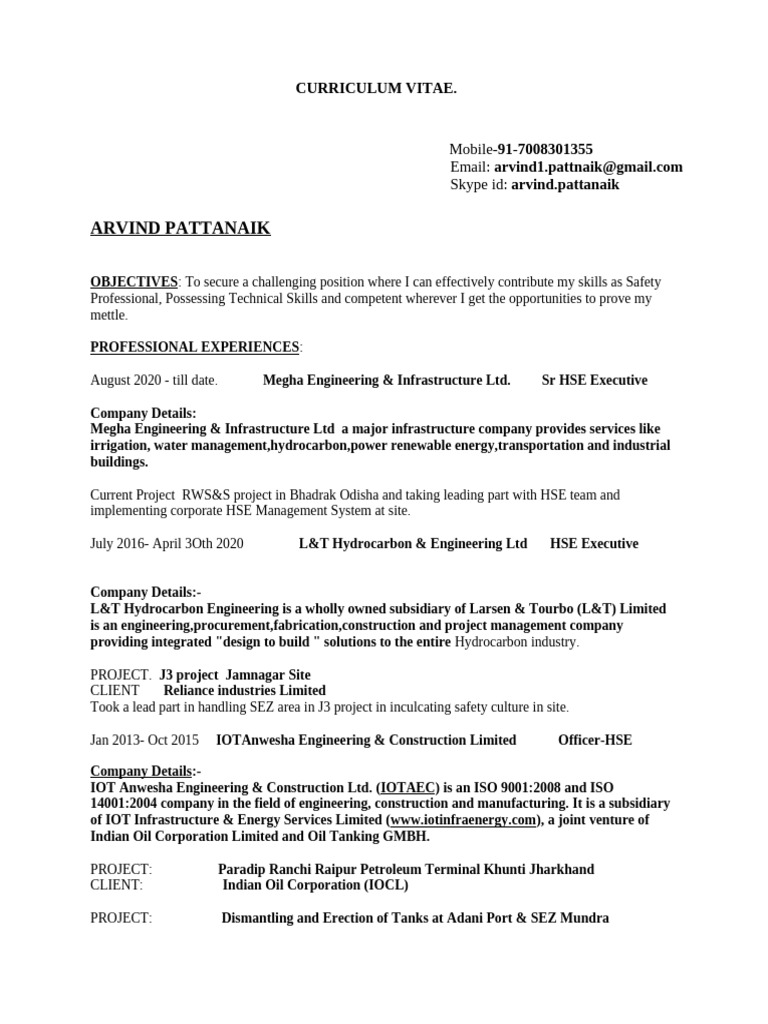 Arvind Pattanaik - HSE Executive CV | PDF