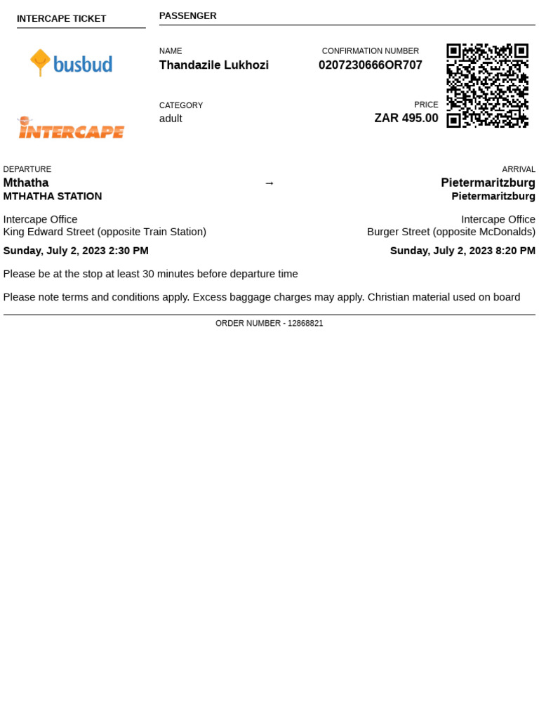 Intercape Ticket: Mthatha to PMB | PDF