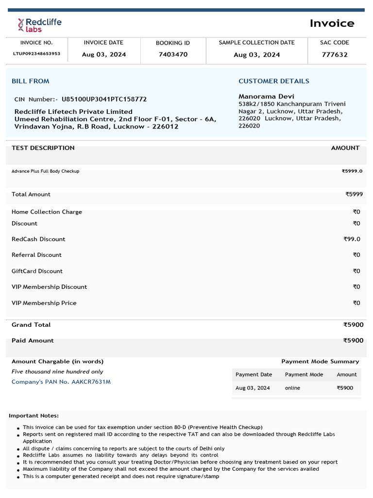 Invoice for Full Body Checkup Payment | PDF | Invoice | Government Finances