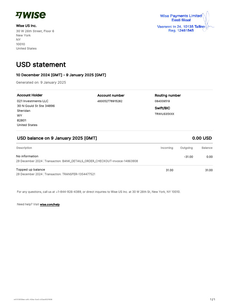 Wise Account Statement: Dec 2024 - Jan 2025 | PDF