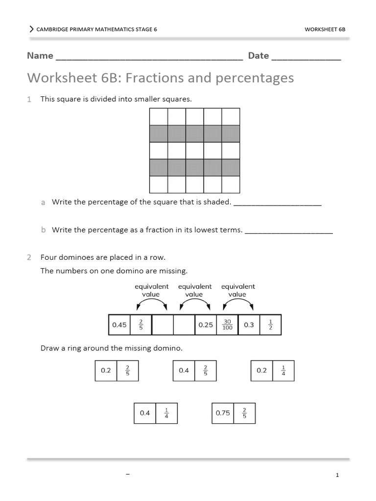 Stage 6 Maths Worksheet: Fractions & Percentages | PDF | Numbers ...