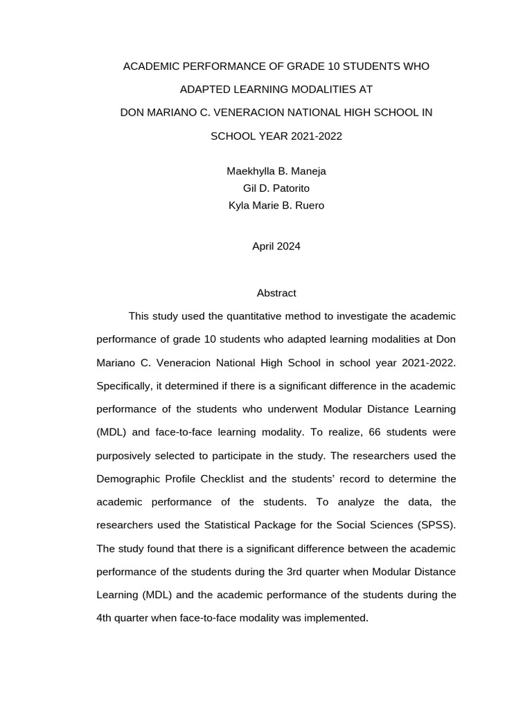 Grade 10 Academic Performance in Learning Modalities | PDF ...