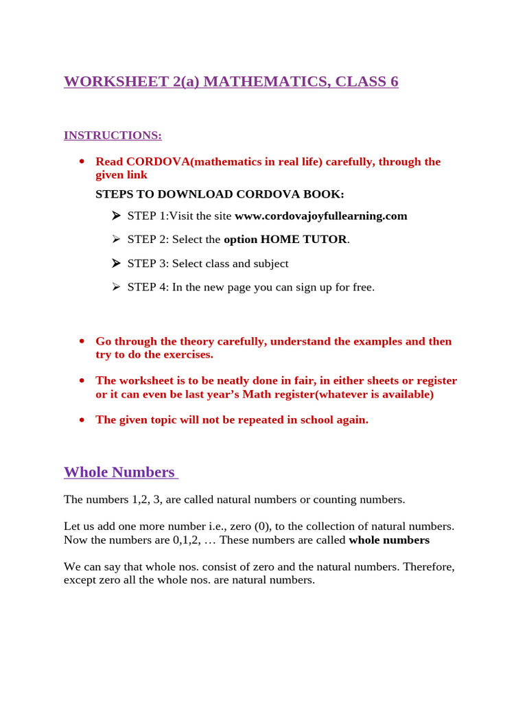 Class 6 Maths Worksheet on Whole Numbers | PDF | Integer | Natural Number