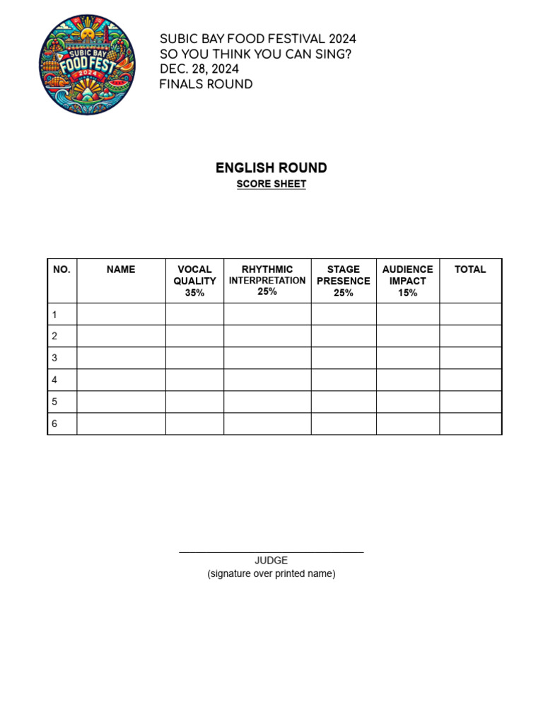 Subic Bay Singing Contest Score Sheet | PDF