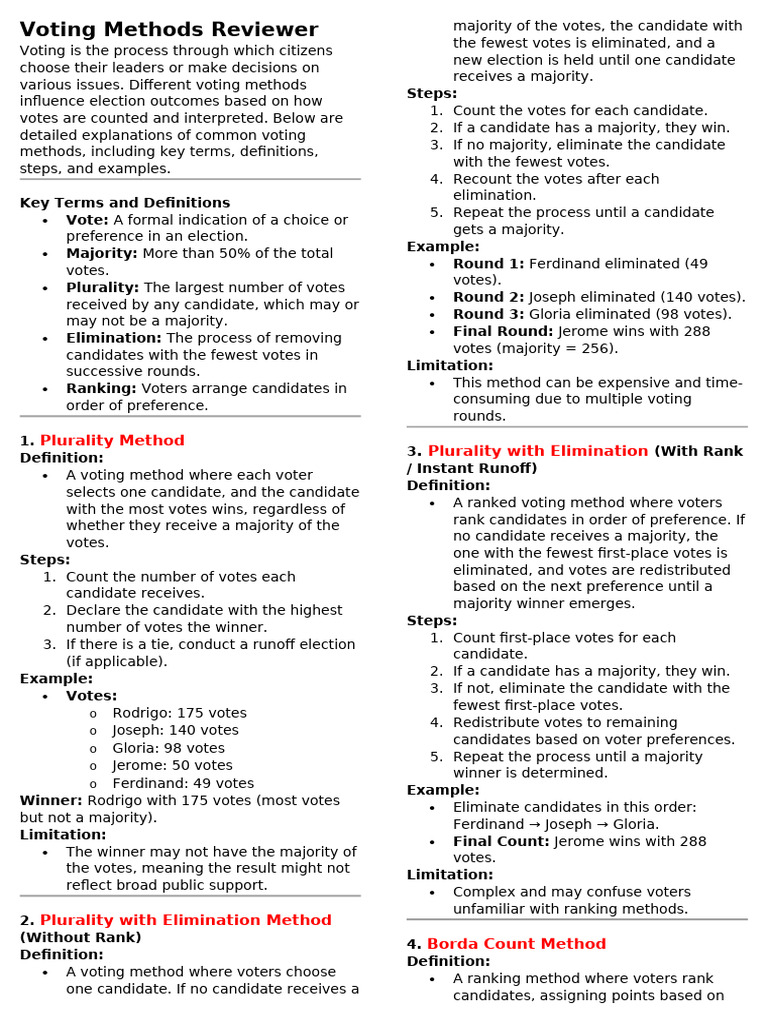 Voting Methods Reviewer | PDF | Voting | Elections