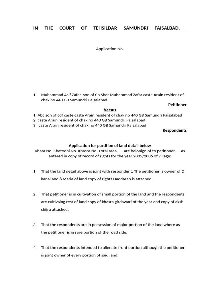 Partition Application for Land in Faisalabad | PDF | Affidavit | Civil ...