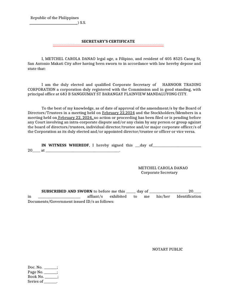 Corporate Secretary's Certificate Template | PDF
