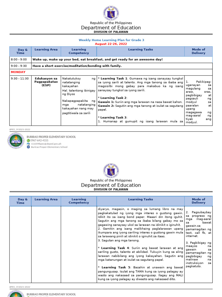 Grade 3 Weekly Learning Plan: Aug 2022 | PDF | Multiple Choice