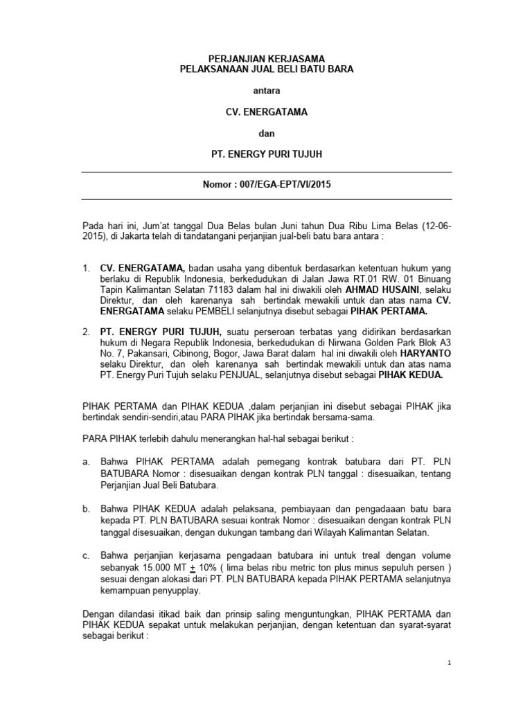 Perjanjian Jual Beli Batu Bara GAR 44 | PDF