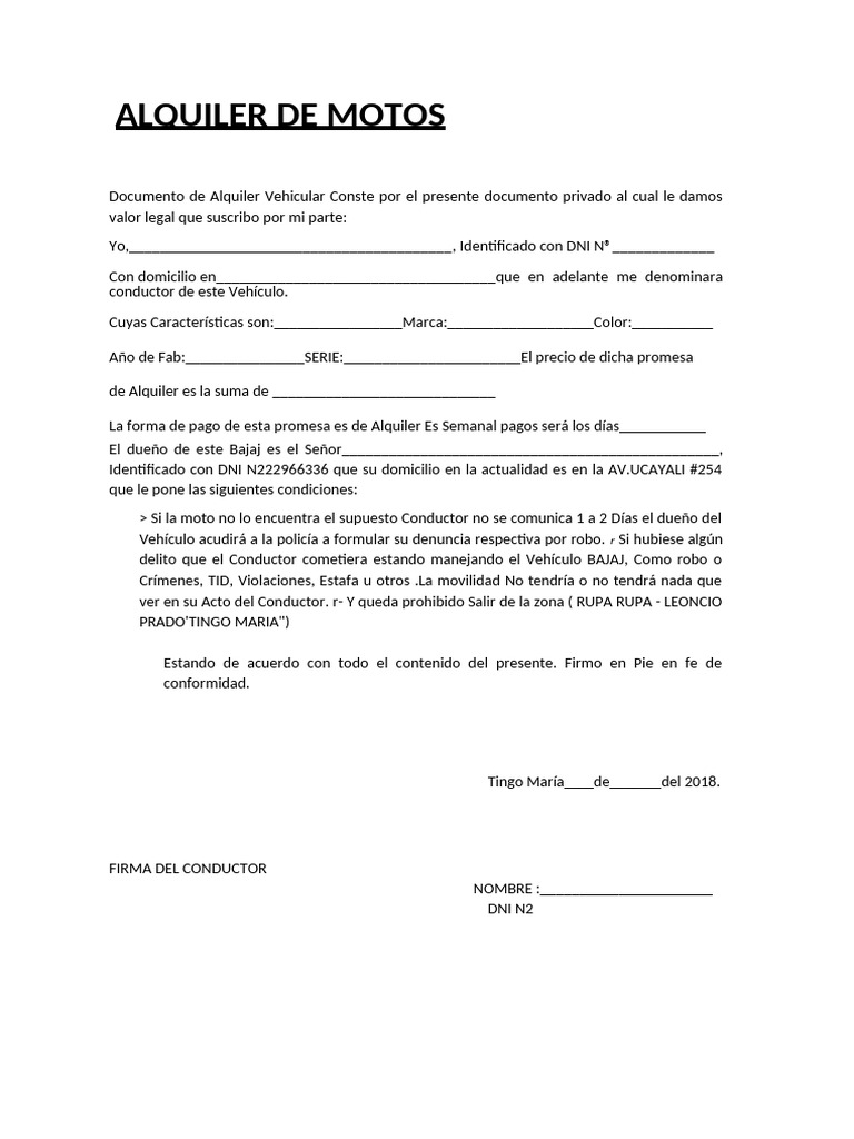 Contrato de Alquiler de Moto Simple | PDF