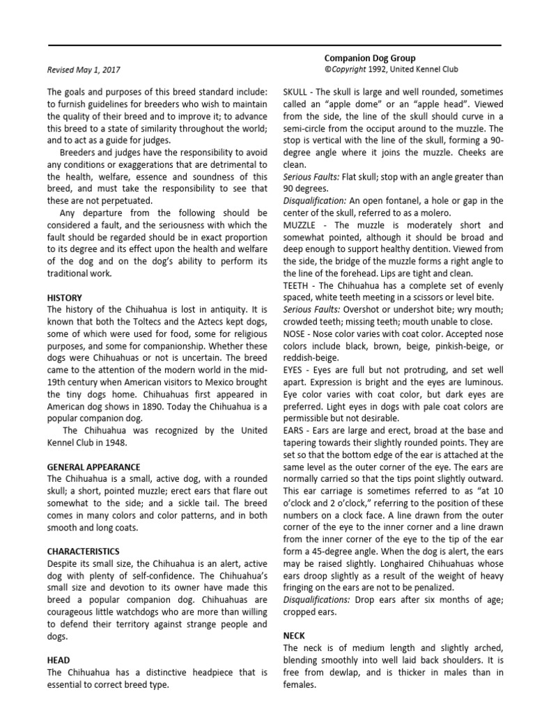 Chihuahua Breed Standard PDF Dog Breeds Subspecies Of Canis Lupus
