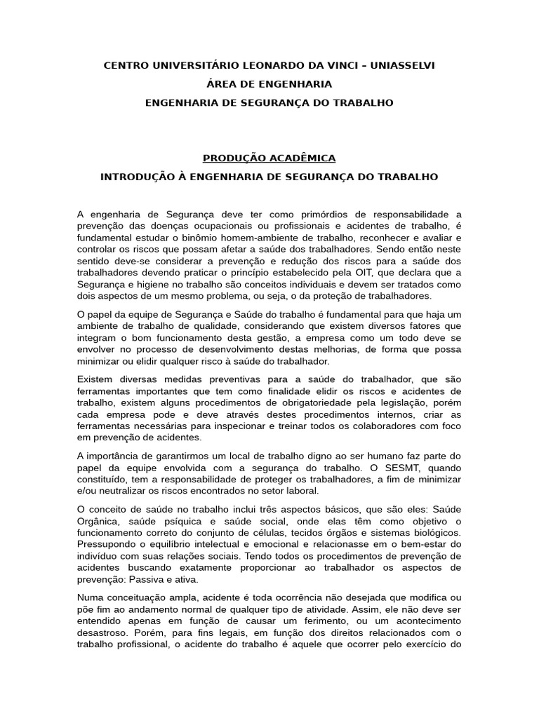 Introdução à Engenharia de Segurança do Trabalho | PDF | Humano ...