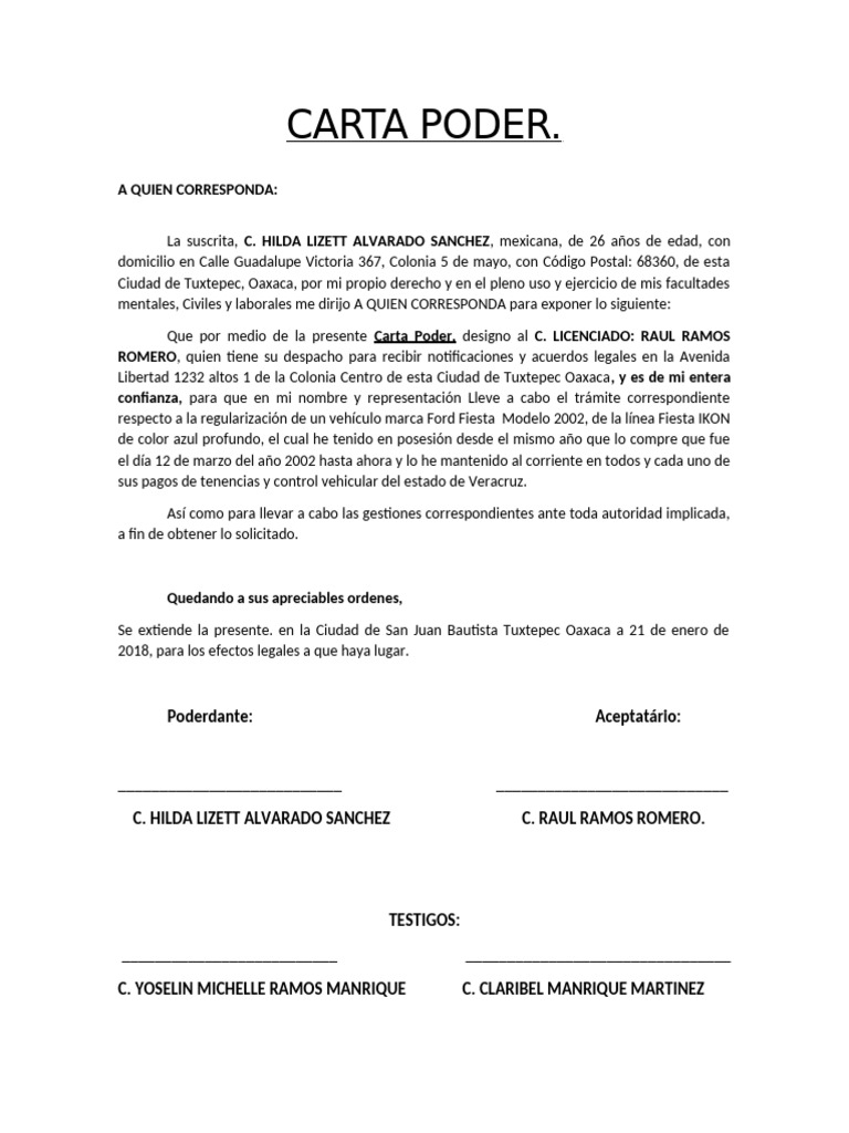 Carta Poder para Regularización Vehicular | PDF