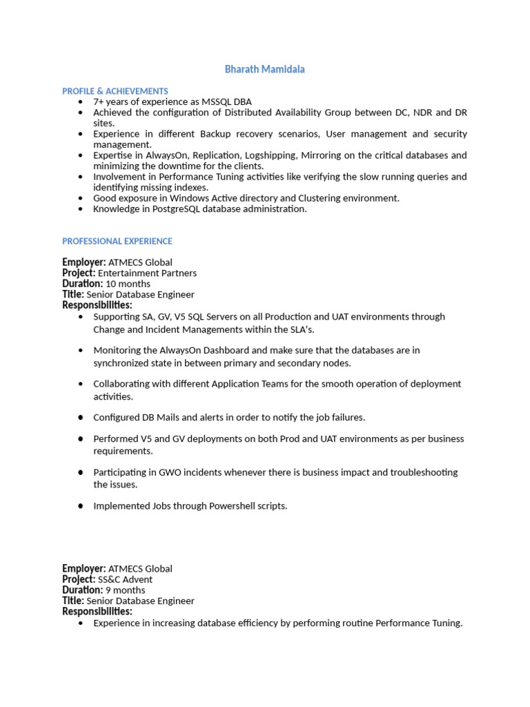 Resume Template - ATMECS Format | PDF | Databases | Microsoft Sql Server